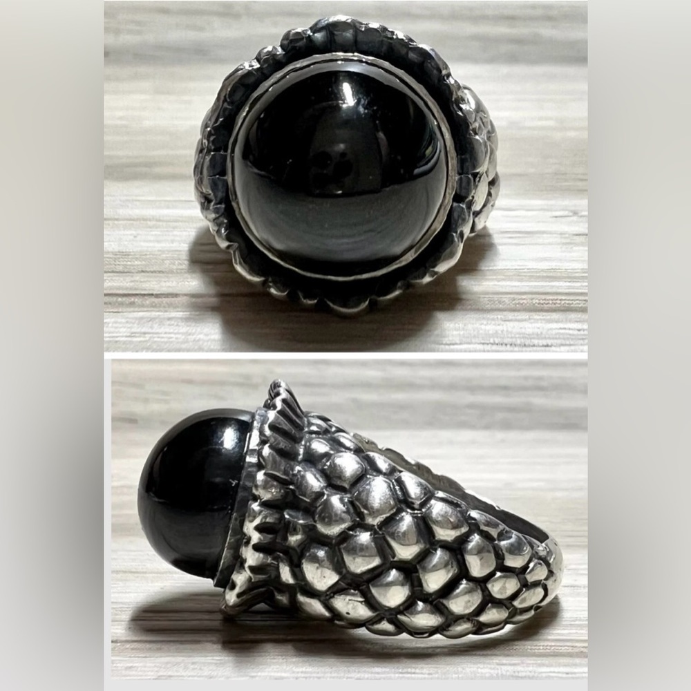 Vintage Heavy Designer Dian Malouf Sterling Silver Pomegranate Onyx Ring, Size 7